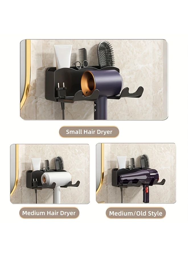 Wall Mounted Hair Dryer Holder Black No Drill Bathroom Organizer With Hooks - Image 4