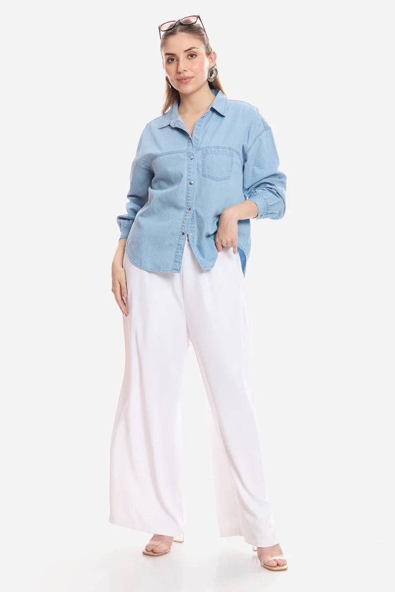 فيرجيو Solid Cotton Double Placket Denim Shirt for Women