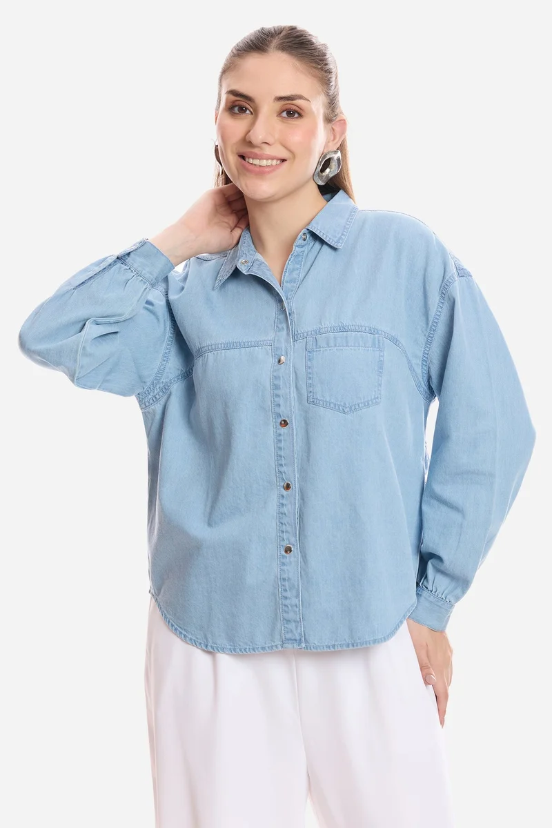 فيرجيو Solid Cotton Double Placket Denim Shirt for Women