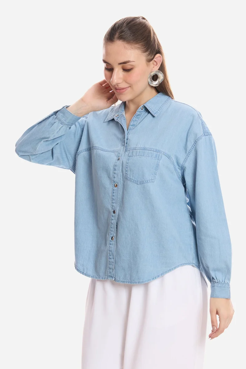 Solid Cotton Double Placket Denim Shirt for Women
