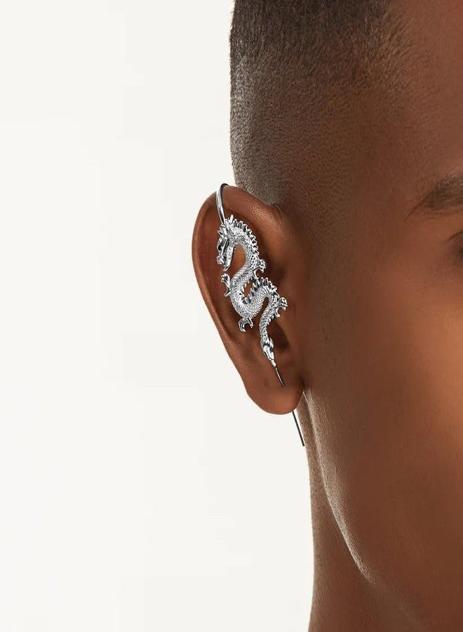 THE MEN THING DRAGON KING - Pure Titanium Steel Ear Crawler Hook Pin Cuff Earrings for Men & Boys - Image 2