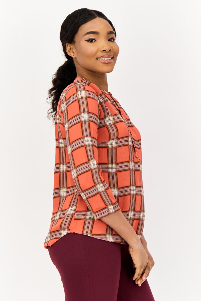 ONLY Women Split Neck Long Sleeve Checkered Blouses, Multicolor  - Image 4