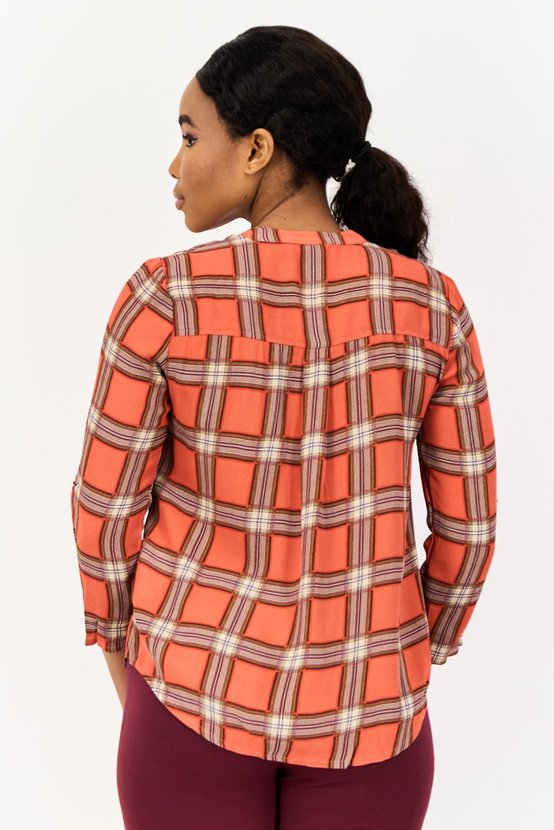 ONLY Women Split Neck Long Sleeve Checkered Blouses, Multicolor  - Image 2