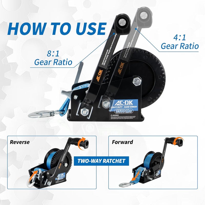 AC-DK 3500 LBS Heavy Duty Hand Winch with Blue Strap - Image 4
