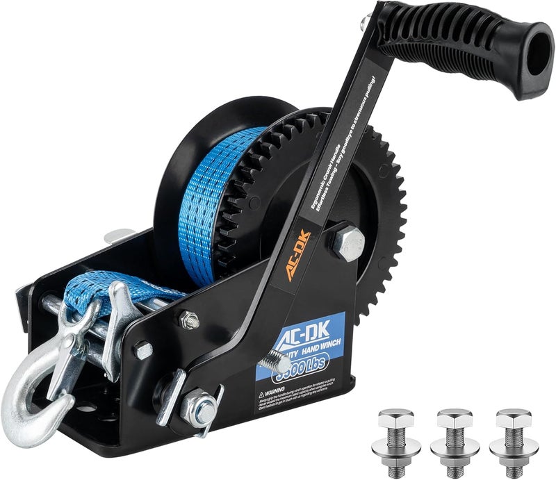 AC-DK 3500 LBS Heavy Duty Hand Winch with Blue Strap - Image 1