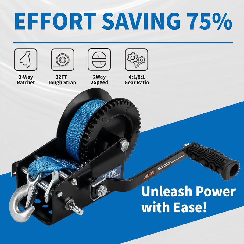 AC-DK 3500 LBS Heavy Duty Hand Winch with Blue Strap - Image 2