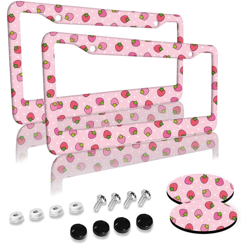 Cute Strawberry License Plate Frames 2 Pack 2 Holes Aluminum License Plate Cover with 2 Pcs Car Coasters and Screw and Black Screw Caps for Girl Women Men Gifts