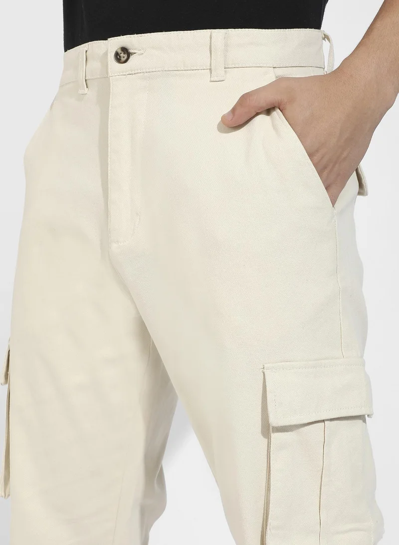 Campus Sutra Men's Pale Yellow Cuffed Hem Cargo Trousers