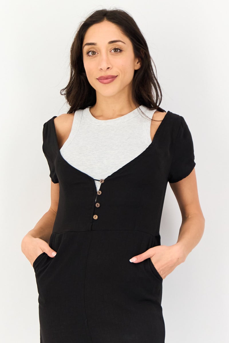 TINA Women Plain Short Sleeve Jumpsuits, Black - Image 2