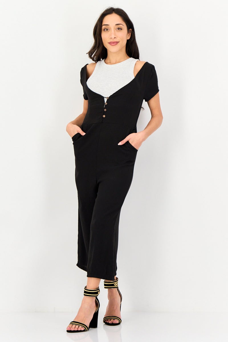 TINA Women Plain Short Sleeve Jumpsuits, Black - Image 1