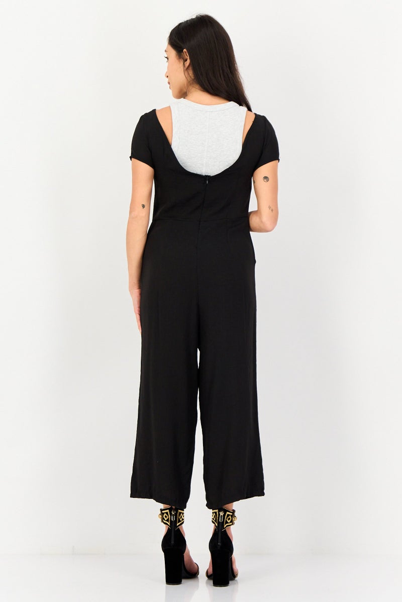 TINA Women Plain Short Sleeve Jumpsuits, Black - Image 4