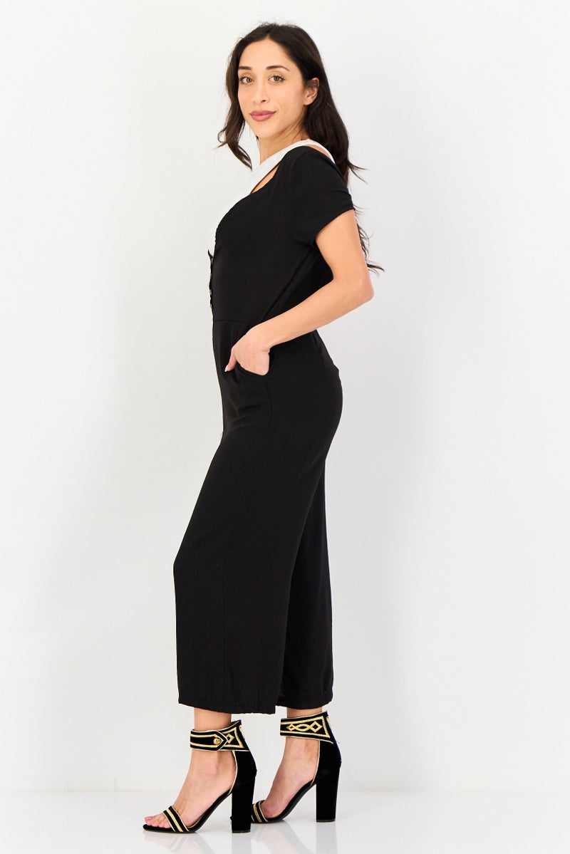 TINA Women Plain Short Sleeve Jumpsuits, Black - Image 3