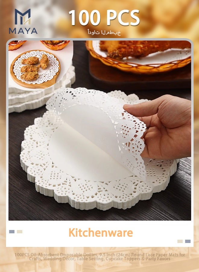 Maya 100PCS Oil-Absorbent Disposable Doilies, 9.5 Inch (24cm) Round Lace Paper Mats for Crafts, Wedding Decor, Table Setting, Cupcake Toppers & Party Favors - Image 1
