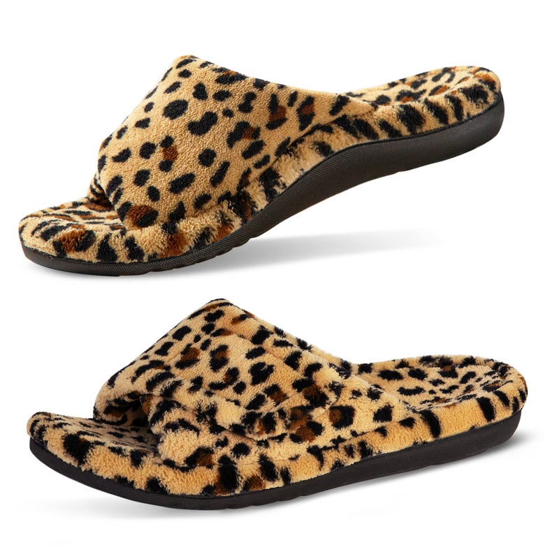 GRITHEIM Women's Orthotic Arch Support Slippers Fuzzy Adjustable Orthopedic Slippers for Plantar Fasciitis Furry Slide Slippers for Ladies leopard 8 - Image 1