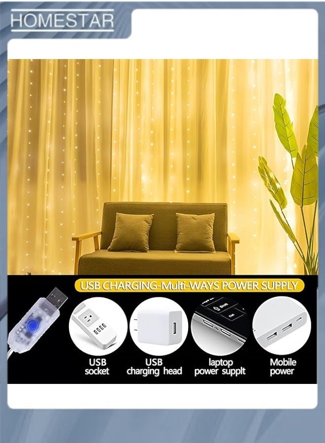HOMESTAR 300LED Curtain Fairy Lights, Ramadan Fairy Light, 3X3Meters, Remote Control, 8 Lighting Modes, USB Powered, for Eid Party, Home, Bedroom, Indoor Outdoor Wall Decoration (Warm White) - Image 2