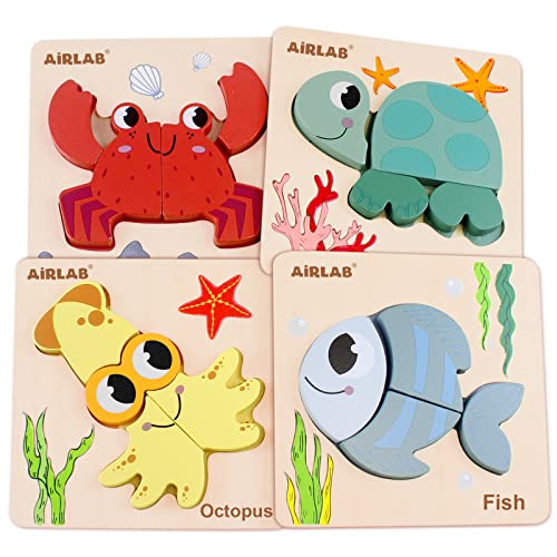 Airlab Wooden Puzzles for Toddlers Ocean Animals Montessori Toys Year Old Baby Girl Boy Gifts Educational Learning Bright Color Chunky Shape Puzzle Pack of 4 - Image 1