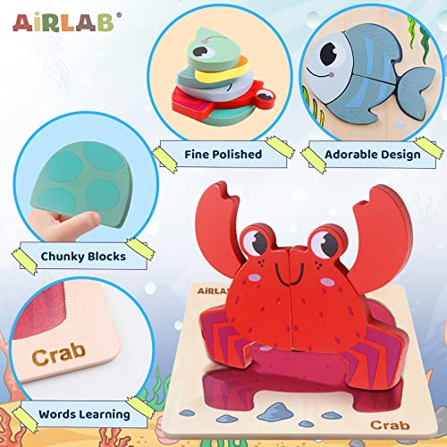 Airlab Wooden Puzzles for Toddlers Ocean Animals Montessori Toys Year Old Baby Girl Boy Gifts Educational Learning Bright Color Chunky Shape Puzzle Pack of 4 - Image 5