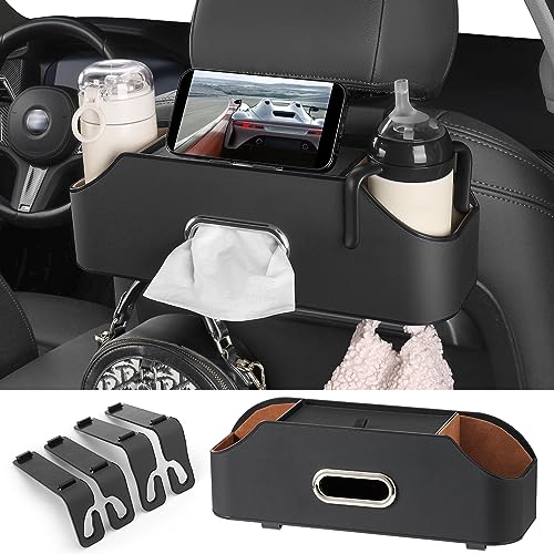 Sancaral Car Rear Backseat Extra Multifunctional Drink Cup Holder Organizers with Tissue Storage Box Organizer & Hooks for Car Seat Back. Black - Image 1