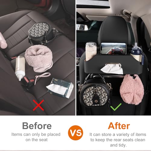 Sancaral Car Rear Backseat Extra Multifunctional Drink Cup Holder Organizers with Tissue Storage Box Organizer & Hooks for Car Seat Back. Black - Image 2