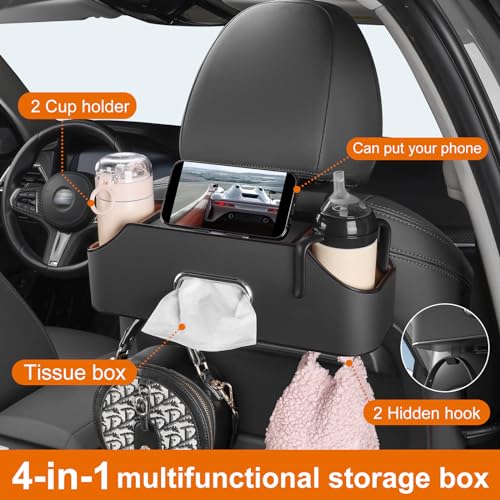 Sancaral Car Rear Backseat Extra Multifunctional Drink Cup Holder Organizers with Tissue Storage Box Organizer & Hooks for Car Seat Back. Black - Image 3