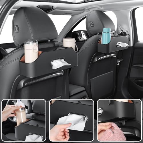 Sancaral Car Rear Backseat Extra Multifunctional Drink Cup Holder Organizers with Tissue Storage Box Organizer & Hooks for Car Seat Back. Black - Image 4