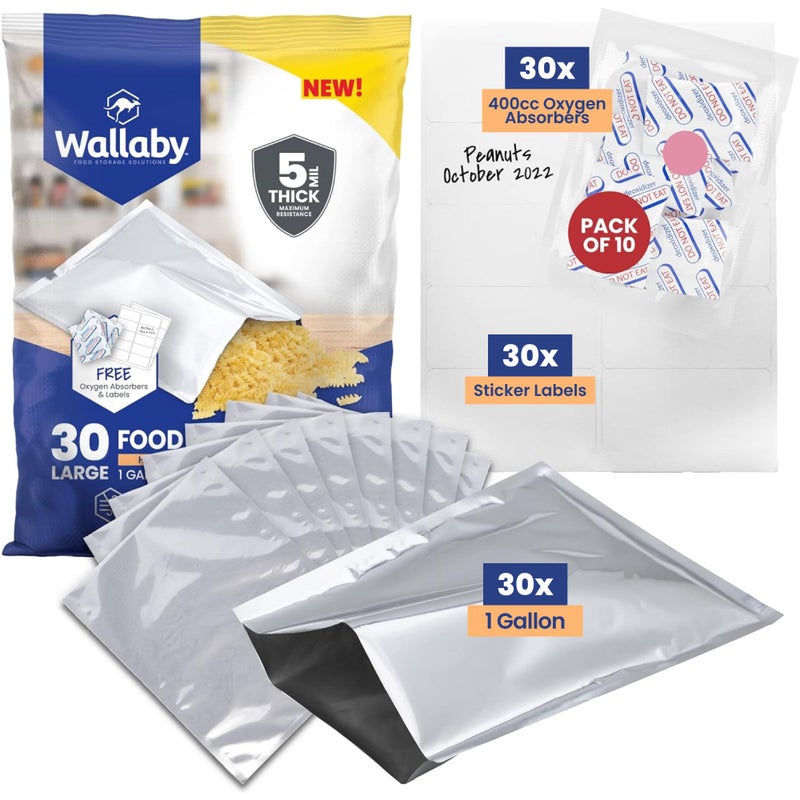 Wallaby 30 Count 1-Gallon Mylar Bags with 400cc Oxygen Absorbers, 10 Mil Total Thickness Long-Term Food Storage Pouches, 10x14 Heat-Sealable Airtight Packaging - Silver - Image 1
