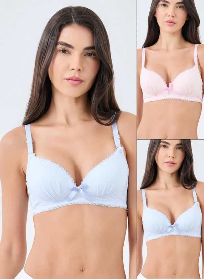 ستايلي Styli Pack of 2 - Padded Non Wired Gingham Check Print Balconette Bra