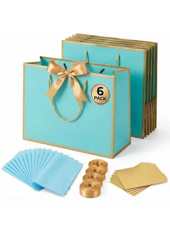 Circuit Green 6-Pack Luxury Medium Light Blue Gift Bags with Gold Trim (28×10×20 cm) – Includes 6 Gold Ribbons, 6 Greeting Cards & 12 Matching Light Blue Tissue Sheets – Premium Festive Gift Bag Set - Image 1