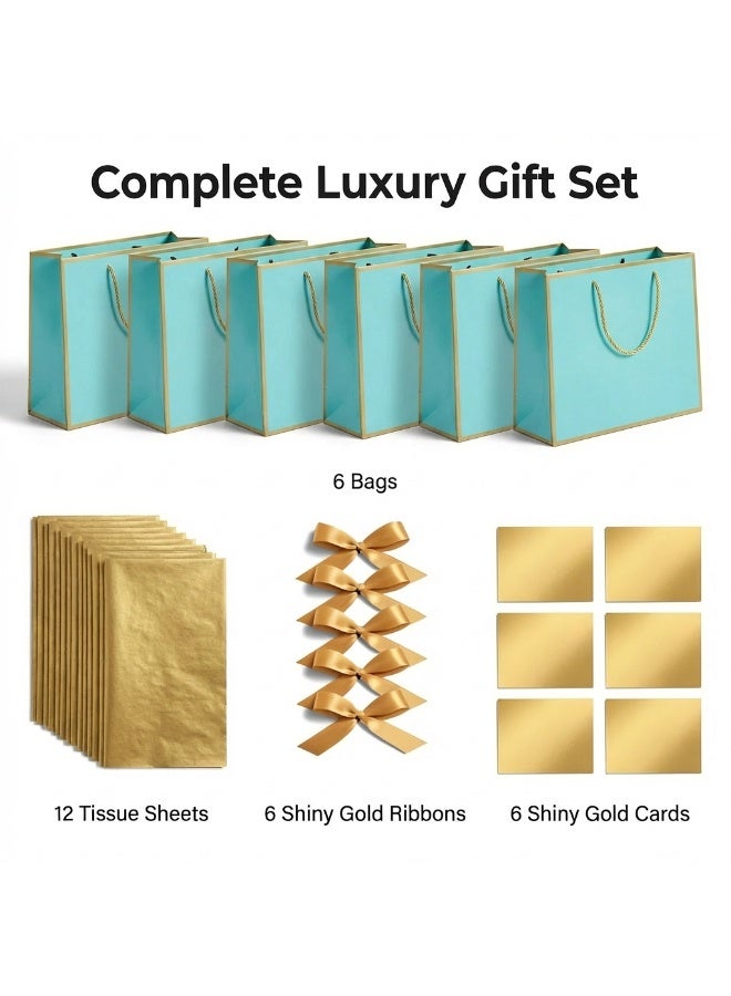 Circuit Green 6-Pack Luxury Medium Light Blue Gift Bags with Gold Trim (28×10×20 cm) – Includes 6 Gold Ribbons, 6 Greeting Cards & 12 Matching Light Blue Tissue Sheets – Premium Festive Gift Bag Set - Image 2