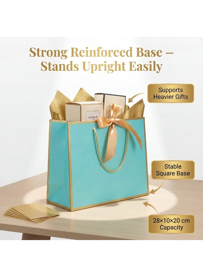 Circuit Green 6-Pack Luxury Medium Light Blue Gift Bags with Gold Trim (28×10×20 cm) – Includes 6 Gold Ribbons, 6 Greeting Cards & 12 Matching Light Blue Tissue Sheets – Premium Festive Gift Bag Set - Image 4