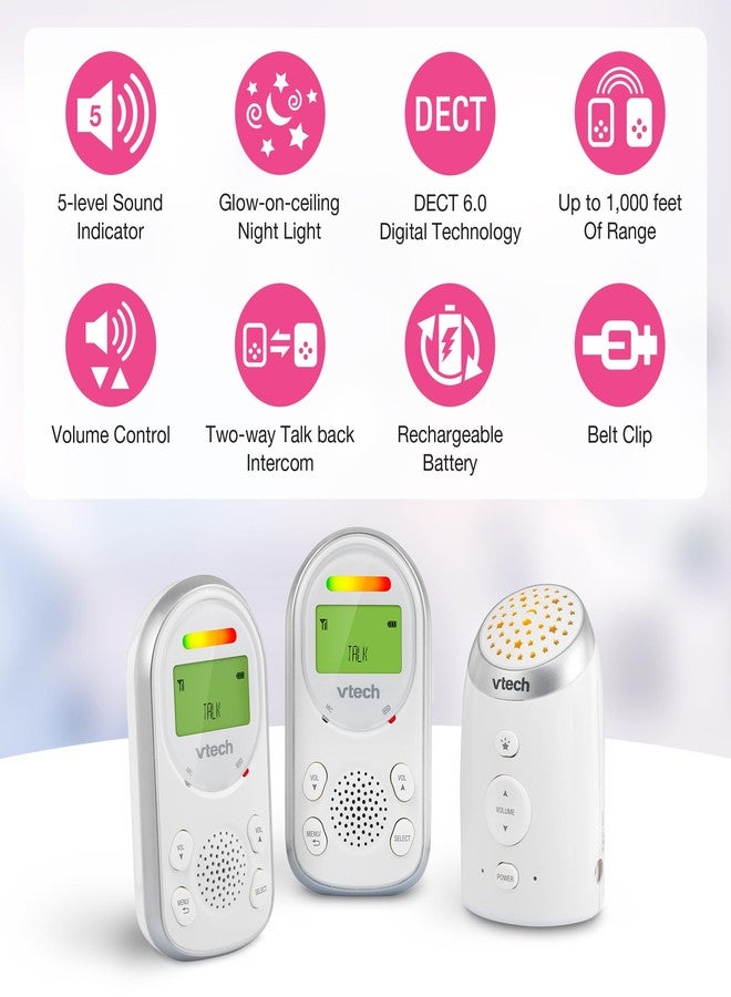 في تك جهاز مراقبة الأطفال الرقمي الصوتي من VTech، مزود بوحدتي تحكم للوالدين، وإضاءة ليلية تضيء السقف، ومدى يصل إلى 1000 قدم، وتنبيه صوتي بالاهتزاز، ونظام اتصال داخلي ثنائي الاتجاه، ومؤشر صوتي، ونقل آمن: TM8212-2 - Image 2