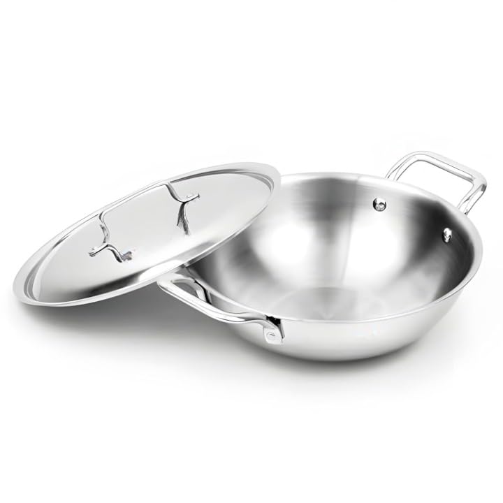 Yes Kitchen Kadhai with Lid for Cooking Heavy Bottom Gas Electric and Induction Friendly Kadhai Stainless Steel NonStick Induction Bottom18CM to 30CM Size 28CM - Image 1