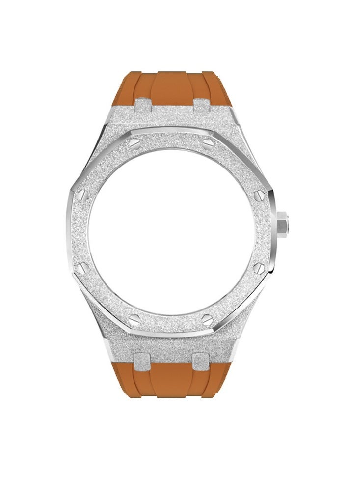 AROAQ GA2100 Metal Watch Band Case Replacement Kit, Stainless Steel Strap Bezel Accessories, Frosted Surface Stainless Steel Bracelet Case Mod For Shock, (Frost Gold Silver Shell Orange Tape)  - Image 1