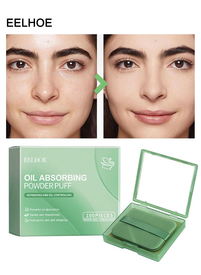 EELHOE Oil Absorbing Powder Puff，Oil Blotting Sheets for Face-100 Counts Green Tea Blotting Paper for Oily Skin with Portable Mirror & Makeup Puff -Absorb Excess Oil,Skin Friendly and Comfortable. - Image 1