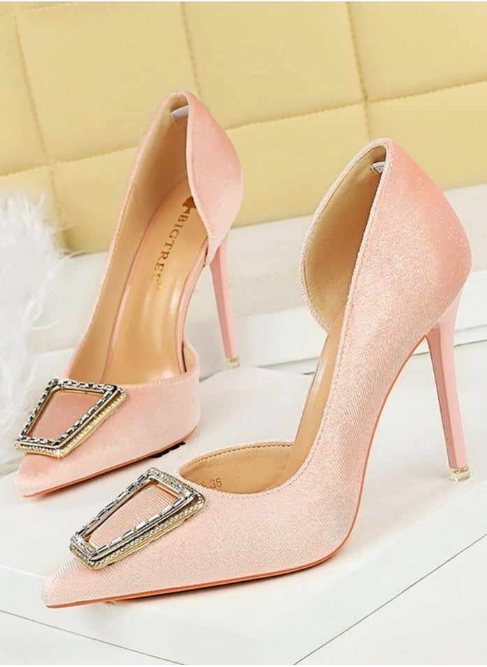 BIGTREE Women's Velour Closed Pointed Toe High Heels Party Stiletto Pumps Light Pink 10.5CM  - Image 1