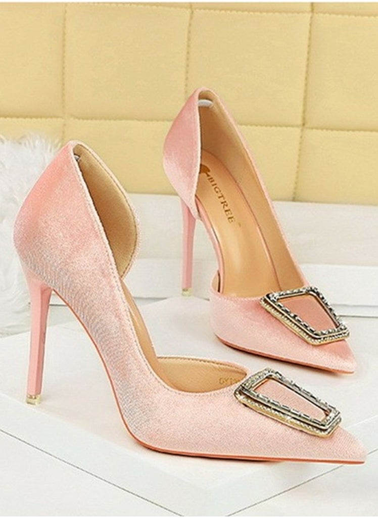 BIGTREE Women's Velour Closed Pointed Toe High Heels Party Stiletto Pumps Light Pink 10.5CM  - Image 2