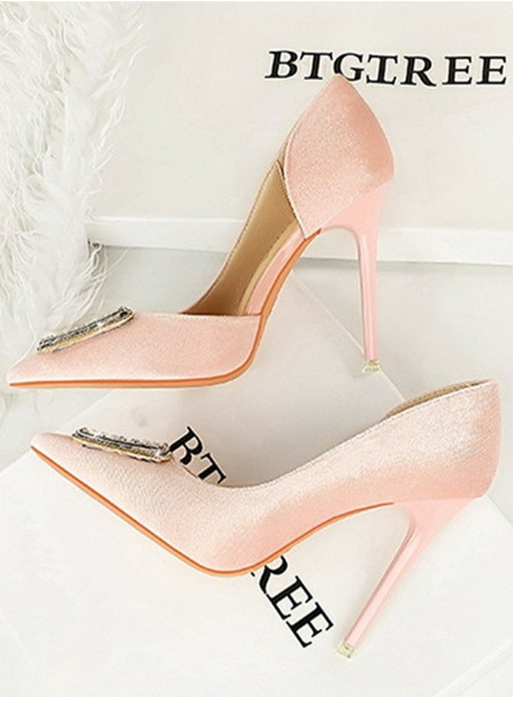 BIGTREE Women's Velour Closed Pointed Toe High Heels Party Stiletto Pumps Light Pink 10.5CM  - Image 3