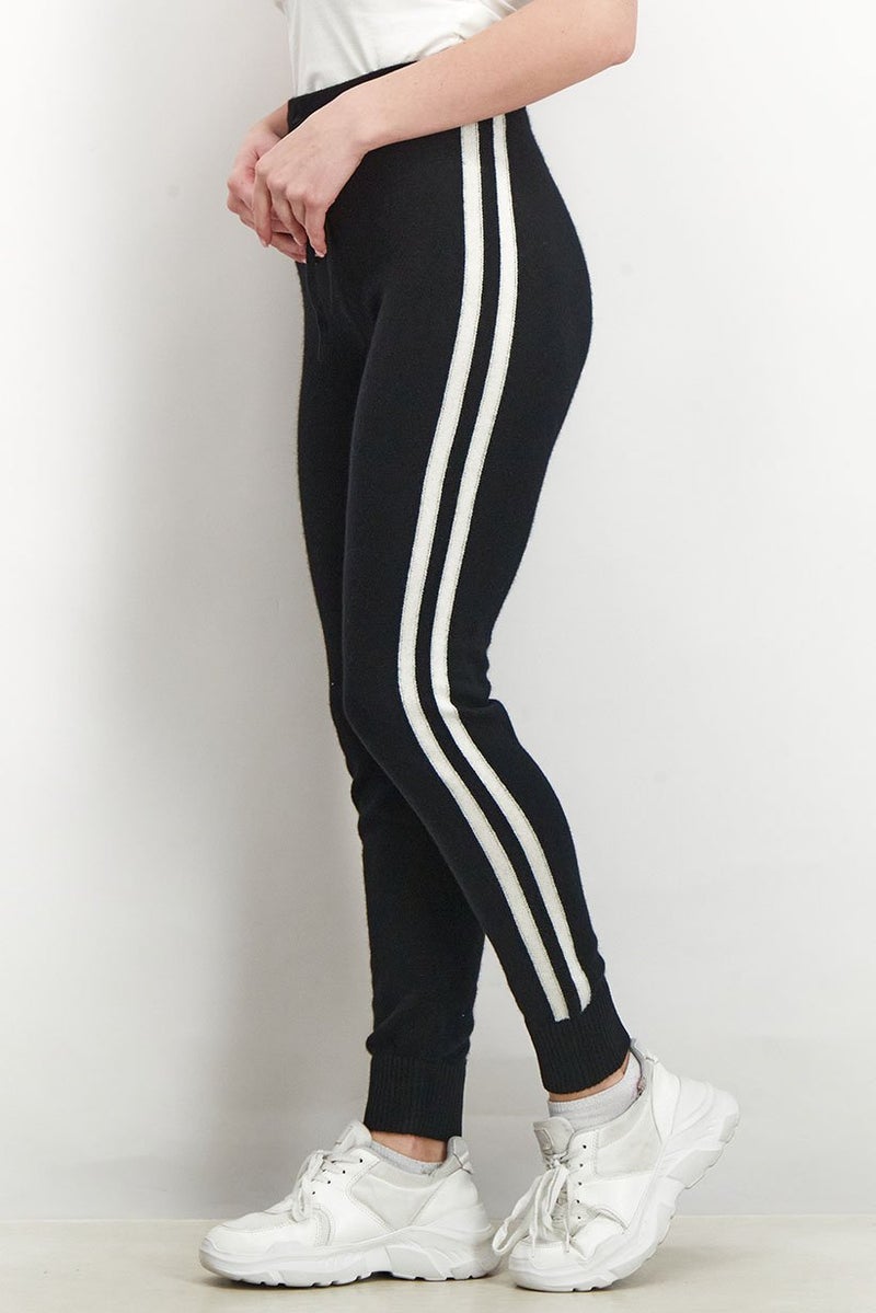Aqua Women Stretch Knitted Drawstring Pants, Black and White - Image 2