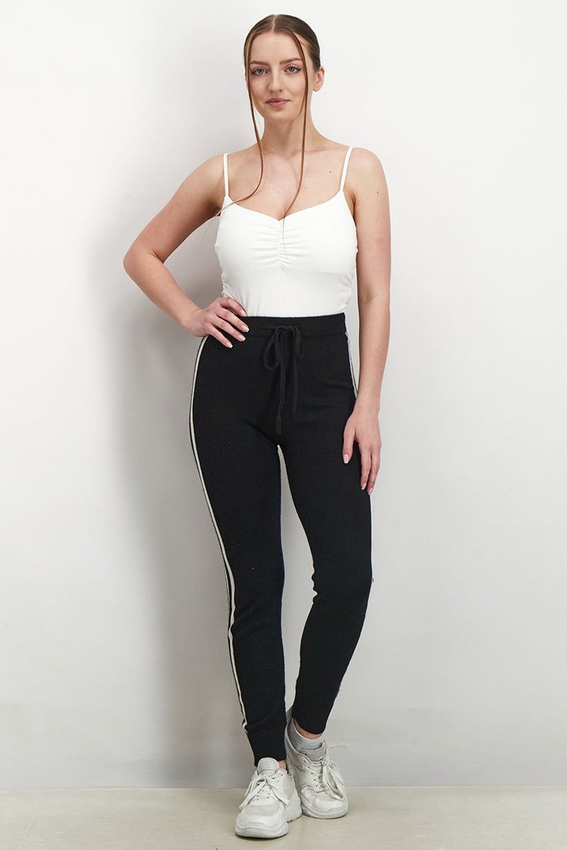 Aqua Women Stretch Knitted Drawstring Pants, Black and White - Image 4