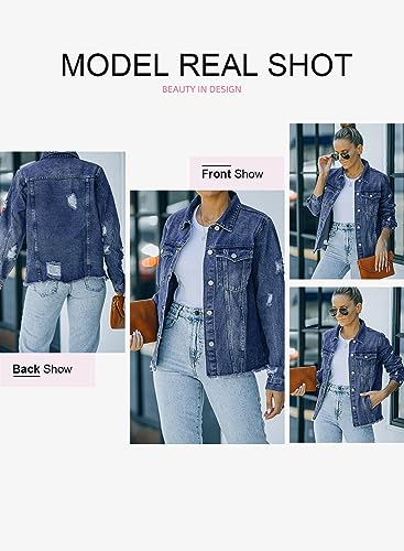 EVALESS Ripped Distressed Jean Denim Jacket Coat 2025 Trendy Fall Winter Plus Size Classic Long Sleeve Trucker Jacket For Women Blue Large - Image 3