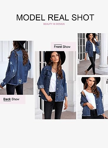 EVALESS Ripped Distressed Jean Denim Jacket Coat 2025 Trendy Fall Winter Plus Size Classic Long Sleeve Trucker Jacket For Women Blue Large - Image 4