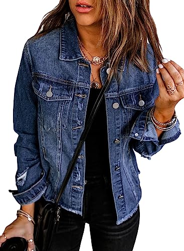 EVALESS Ripped Distressed Jean Denim Jacket Coat 2025 Trendy Fall Winter Plus Size Classic Long Sleeve Trucker Jacket For Women Blue Large - Image 1