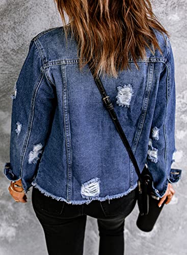 EVALESS Ripped Distressed Jean Denim Jacket Coat 2025 Trendy Fall Winter Plus Size Classic Long Sleeve Trucker Jacket For Women Blue Large - Image 2