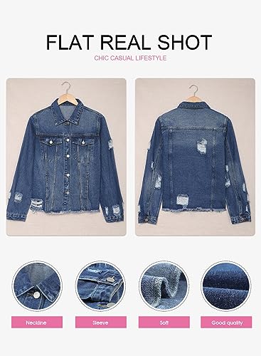 EVALESS Ripped Distressed Jean Denim Jacket Coat 2025 Trendy Fall Winter Plus Size Classic Long Sleeve Trucker Jacket For Women Blue Large - Image 5