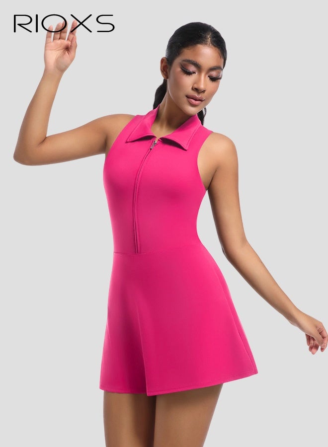 RIOXS Women's Tennis Dress, Golf Dresses with Built-in Shorts for Women, Strappy Backless Yoga Dress With Chest Pads, Breathable Ladies Athletic Dress for Workout, Running, Sports and Outdoor Activities, Pitaya Color Golf Dress - Image 1