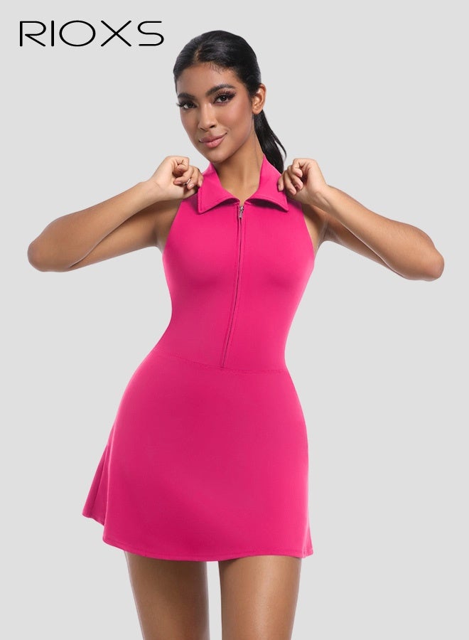 RIOXS Women's Tennis Dress, Golf Dresses with Built-in Shorts for Women, Strappy Backless Yoga Dress With Chest Pads, Breathable Ladies Athletic Dress for Workout, Running, Sports and Outdoor Activities, Pitaya Color Golf Dress - Image 3