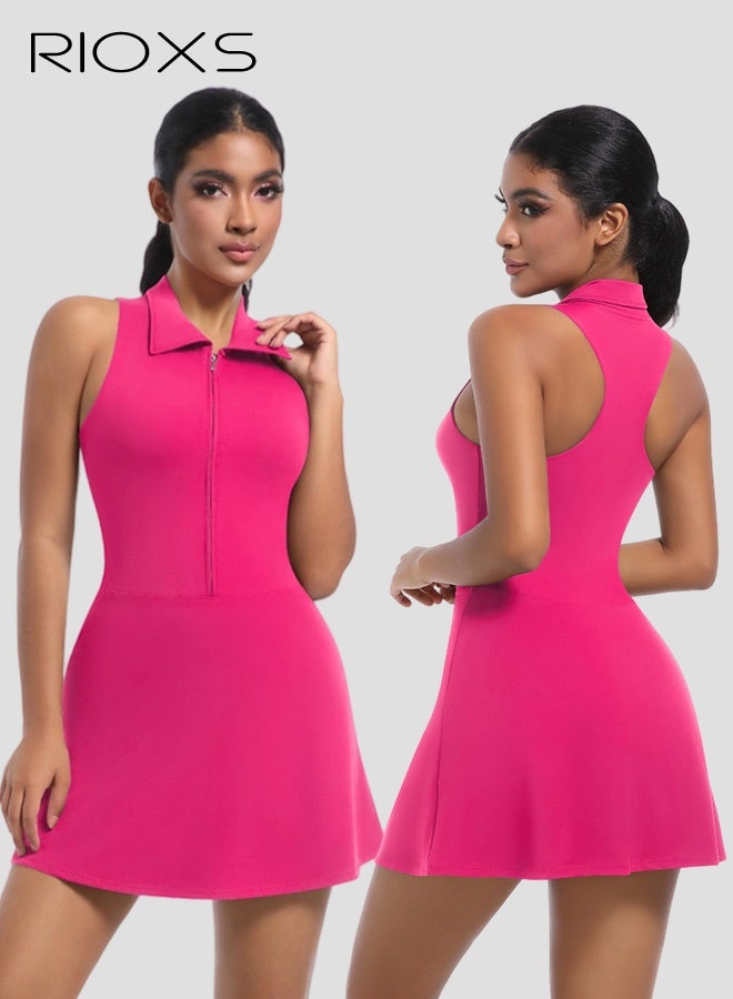 RIOXS Women's Tennis Dress, Golf Dresses with Built-in Shorts for Women, Strappy Backless Yoga Dress With Chest Pads, Breathable Ladies Athletic Dress for Workout, Running, Sports and Outdoor Activities, Pitaya Color Golf Dress - Image 2