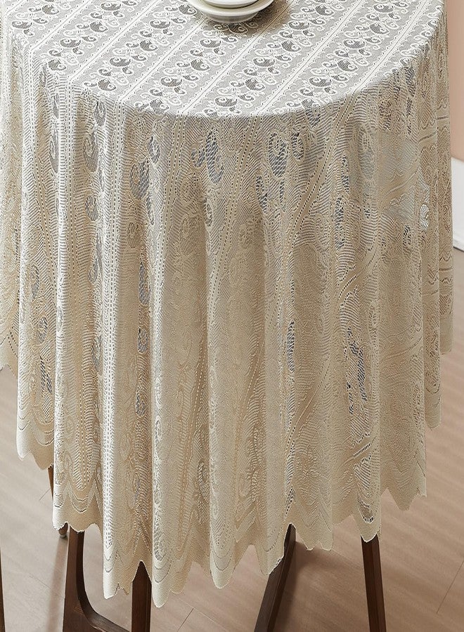 LinenZone 70 Inch Lace Round Tablecloth for 4 to 6 People. Vintage Floral Embroidered Gold Tablecloth with Scalloped Edge for Wedding, Parties, Holiday Dinner (Riba 70 Round, Linen) - Image 2