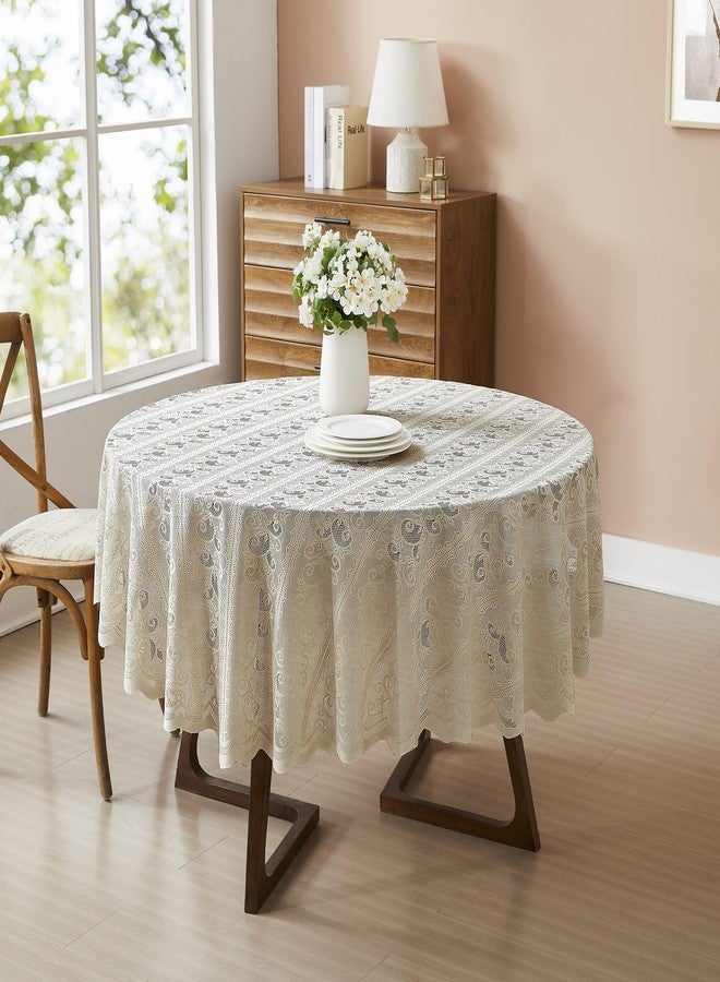 LinenZone 70 Inch Lace Round Tablecloth for 4 to 6 People. Vintage Floral Embroidered Gold Tablecloth with Scalloped Edge for Wedding, Parties, Holiday Dinner (Riba 70 Round, Linen) - Image 1