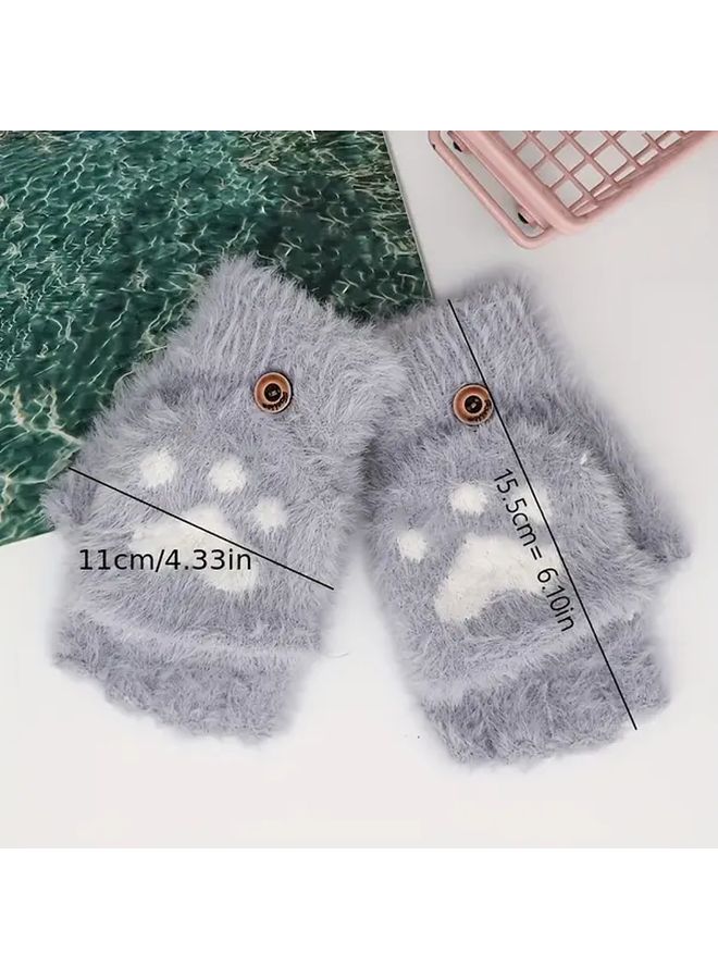 Womens Cat Paw Fingerless Gloves Convertible Heart Design Pink Warm Winter Handwear - Image 4